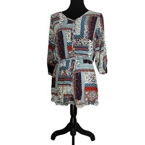Mossimo Romper Patchwork‎ Print 3/4 Sleeve Drawstring Waist Casual Size M